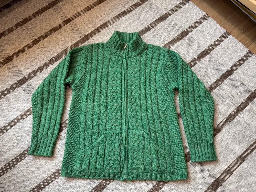 Aran Crafts Chunky Knit Full Zip Sweater Green Women’s Small Merino Wool Irish